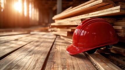 A red hard hat lies casually on stacked wooden planks, symbolizing the craftsmanship and safety that are integral to the construction and woodworking professions.