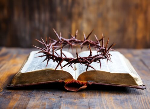Crown of Thorns Resting on Open Bible on Rustic Wood Surface, good friday - Powered by Adobe