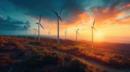 Obraz premium Vibrant Landscape of Wind Turbines Against a Stunning Sunset Sky with Colorful Clouds