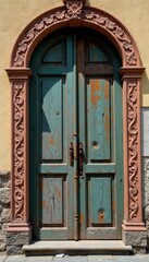 Weathered wooden door with intricate carvings and rusty hinges , old, interior