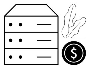 Data server stack next to dollar icon and leafy plant conveys financial technology, data storage, economic growth, digital investments, tech sustainability. Ideal for fintech, cloud computing