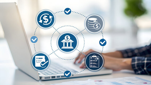 reimbursement refund payment eligibility Digital banking concept with financial icons and a person using a laptop.