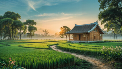 Wooden house in a paddy Field
