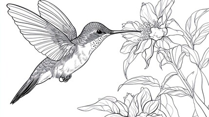 Fototapeta premium Hummingbird feeding on flower, garden background, nature illustration, for educational materials