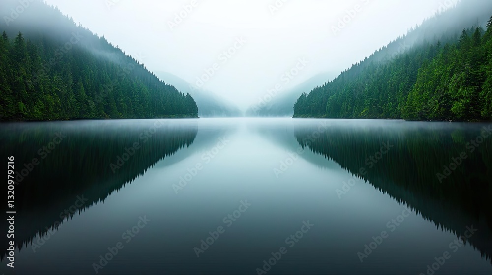 Poster Waterscape abstract background idea. Serene lake reflecting lush green trees under a calming misty atmosphere.
