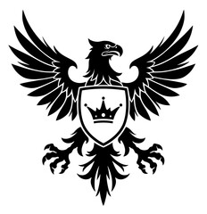 Black and white vector coat of arms with eagle on the background and crown inside the shield.