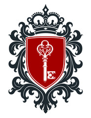 Vector coat of arms with red shield and white key surrounded the dark colored floral decoration.