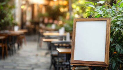 Blank menu board in outdoor cafe setting
