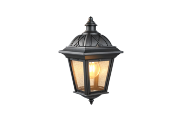 A vintage-style black wall lantern with glass panels and a glowing bulb, featuring an ornate domed top and elegant design for outdoor lighting, isolated on a transparent background