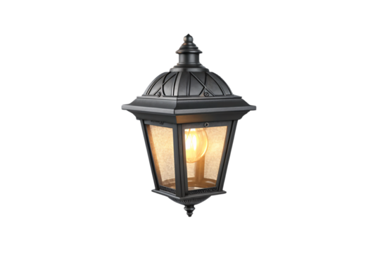 A vintage-style black wall lantern with glass panels and a glowing bulb, featuring an ornate domed top and elegant design for outdoor lighting, isolated on a transparent background