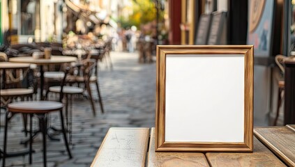 Blank framed menu board, outdoor cafe setting