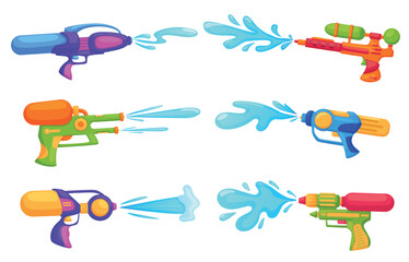 Water guns. Plastic bright gun spray water drops, childish toys for songkran, summer active beach games. Pistols with splashes, nowaday vector set