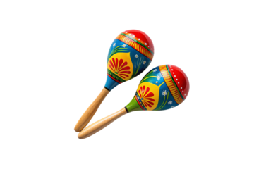 Two intricately painted maracas with red, blue, and yellow hues, delicate white floral details, and polished wooden handles, isolated on a transparent background