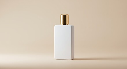 A white rectangular perfume bottle with a gold lid, representing minimalistic beauty and product branding.  perfume bottle mockup.