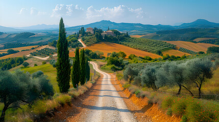 Scenic countryside road winding through vibrant fields and olive groves leading to a distant village