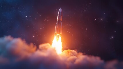 Naklejka premium Powerful rocket launch with bright flames ascending through the night sky, creating a stunning visual of space exploration and technology in action