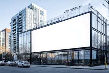 Obraz premium Blank billboard on modern building facade. City street scene