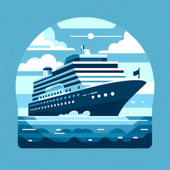 Flat vector illustration of a luxury cruise ship on the ocean, simple and clean geometric design, blue and white colors.