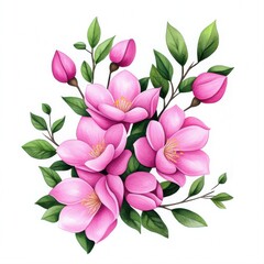Fototapeta premium Beautiful Pink Magnolia Flowers Arrangement with Green Leaves on a White Background for Spring and Nature Themes