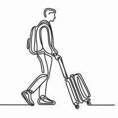 Continuous one-line drawing of a person pulling a suitcase, smooth and abstract lines forming a simple travel representation.