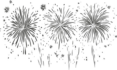 Black and white fireworks illustration depicting a festive celebration.