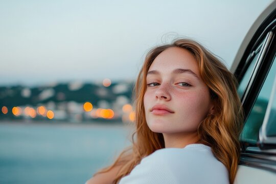 Serene portrait by water, capturing soft light and gentle expres