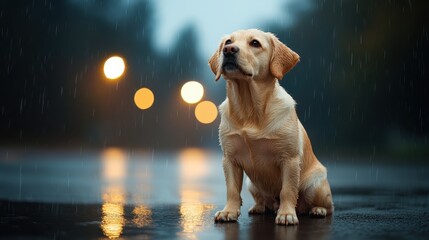 A playful Labrador sits attentively during a rain shower, observing the vibrant cityscape, its coat shining under the streetlights, embodying companionship amidst nature.