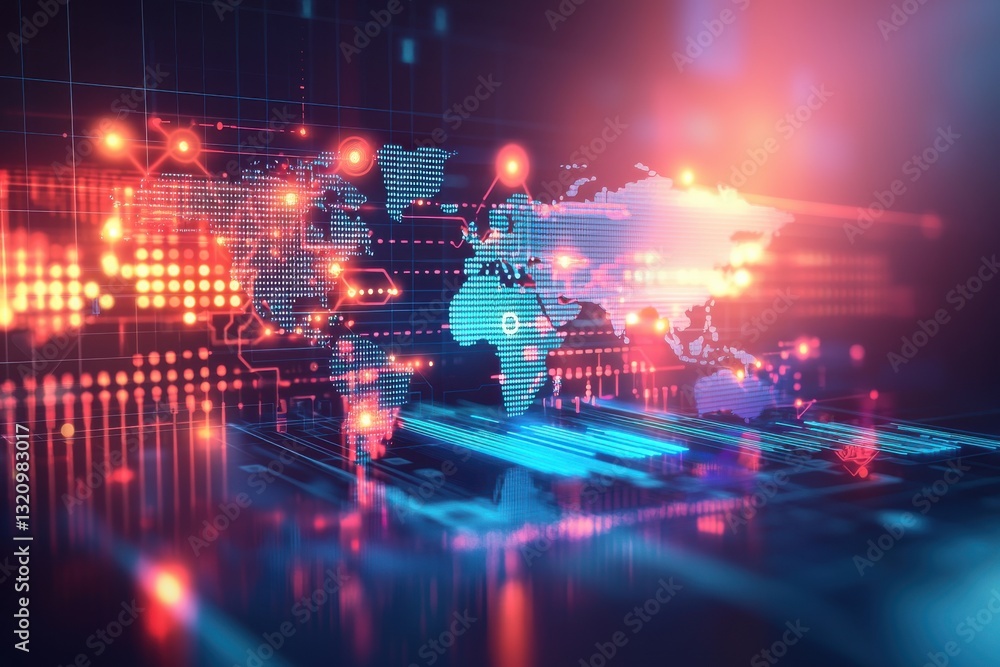 Poster a futuristic world map overlaid with digital network connections and data streams, illuminated with 