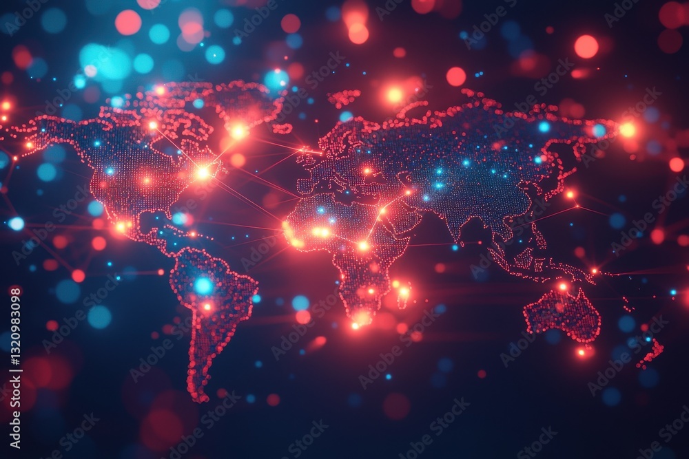 Poster global network illustration with connected glowing dots, creating a futuristic map representation of