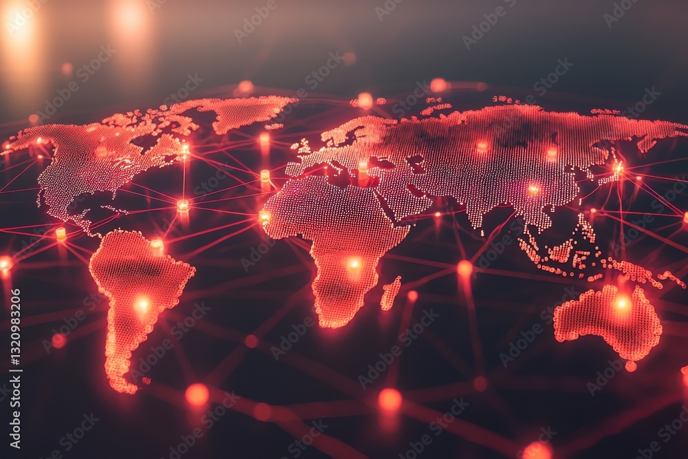 Poster a vibrant world map illuminated with glowing red dots and interconnected lines, symbolizing global n