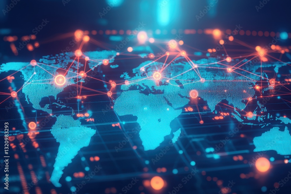 Poster a glowing blue world map interconnected with orange lines, symbolizing global digital networks and w