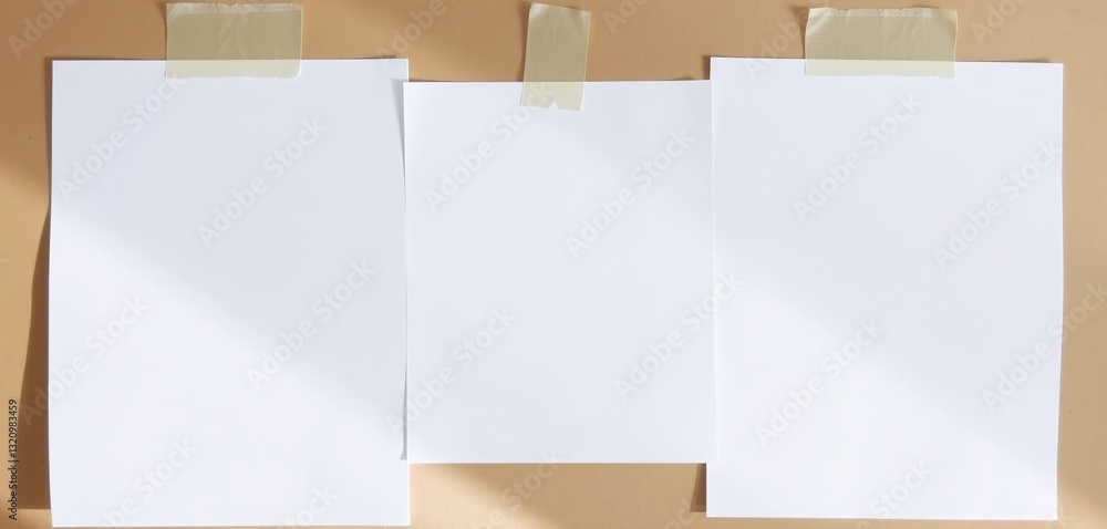 Poster blank paper sheets on a surface, slightly misaligned, attached with tape. shadows create depth. read