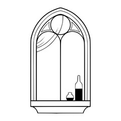gothic window with bottle and cup line art vector illustration