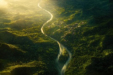 A captivating aerial panorama of a winding river snaking through a dense, verdant rainforest, bathed in the warm glow of the setting sun.