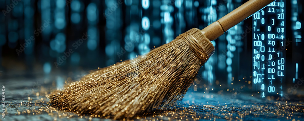 Poster digital cleanup, data broom, binary code