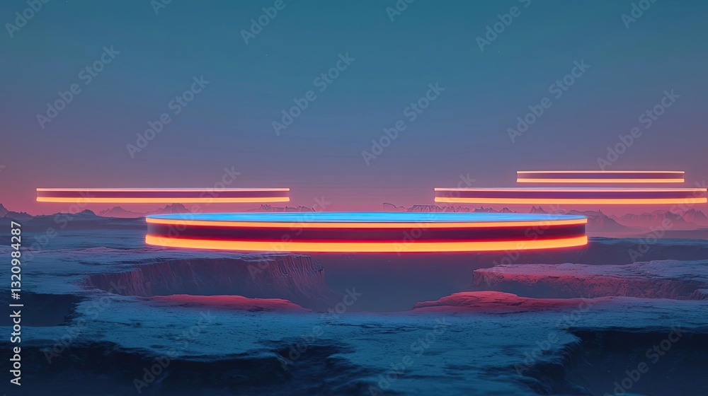 Poster vibrant color art abstract background concept. futuristic landscape featuring illuminated floating p
