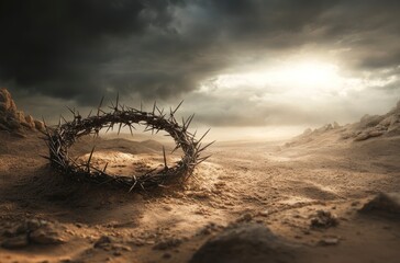 Crown of Thorns Lying on Barren Ground with Dramatic Sky