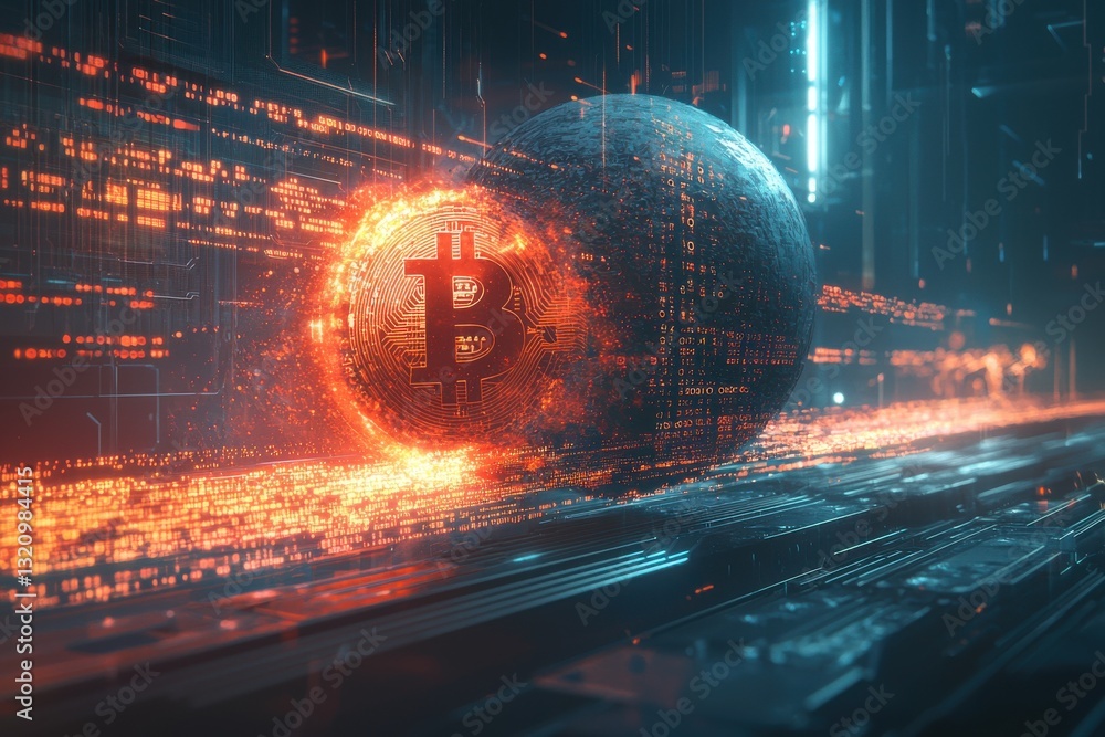 Poster futuristic bitcoin sphere enveloped in glowing binary code, symbolizing digital currency, financial 