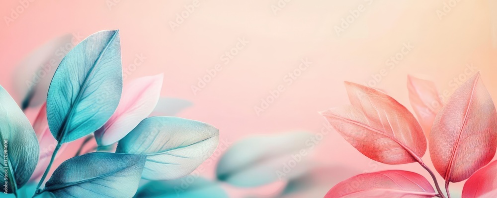 Poster pastel color illustration abstract background idea. soft pastel leaves in pink and blue hues against