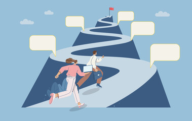  Project timeline, Roadmap, Businessman runs up steep road with a red flag at his destination, Project planning development timeline in business, Important route map with action plan.