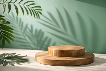 3D wooden podium mockup display with leaf shadow. Copy space green background. Cosmetics or beauty product promotion mockup. Natural wood step pedestal. Trendy minimal art deco 3D rendering.