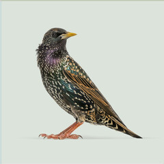 Full body of a colorful common starling standing on a light green background, looking to the right