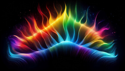Abstract rainbow aurora flashes in various colors on a black background.