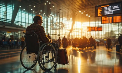 a confident traveler in a wheelchair navigating a bustling airport terminal, sunlight streaming through large windows, surrounded by departure signs and modern architecture