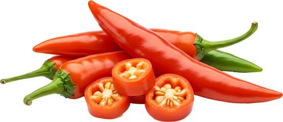 Red hot chili peppers with fresh green and yellow peppers isolated on a white background