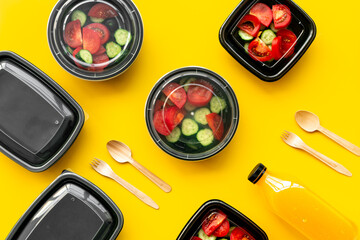 Tomatoes salad in plastic delivery tray, top view. Catering concept