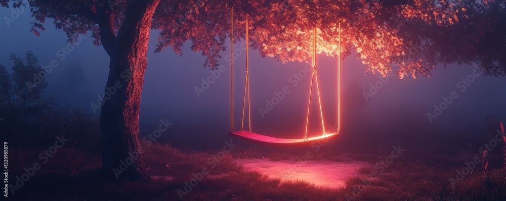 Poster glowing swing at twilight in enchanted forest with soft fog and warm light under tree