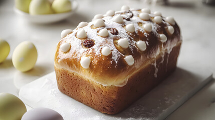 Easter bread with rich golden raisins, brushed with a thick sugar glaze and decorated with intricate icing sugar patterns, a perfect centerpiece for the holiday table.
