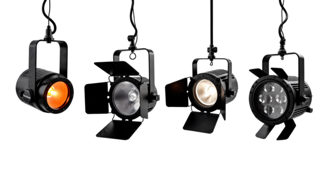 Four Professional Stage Lights Isolated on Transparent Background for Film and Theater Production Use