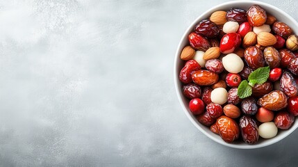 A visually appealing bowl filled with nuts and dried fruits, showcasing colors and textures that invite a sense of health, vitality, and the joy of wholesome snacking.